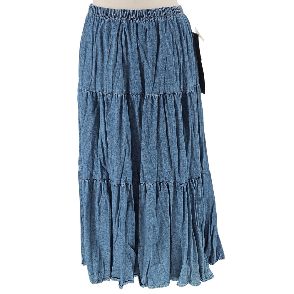 Vintage 90s Denim Maxi Skirt 3X Broomstick Tiered Prairie Boho USA NWT Deadstock